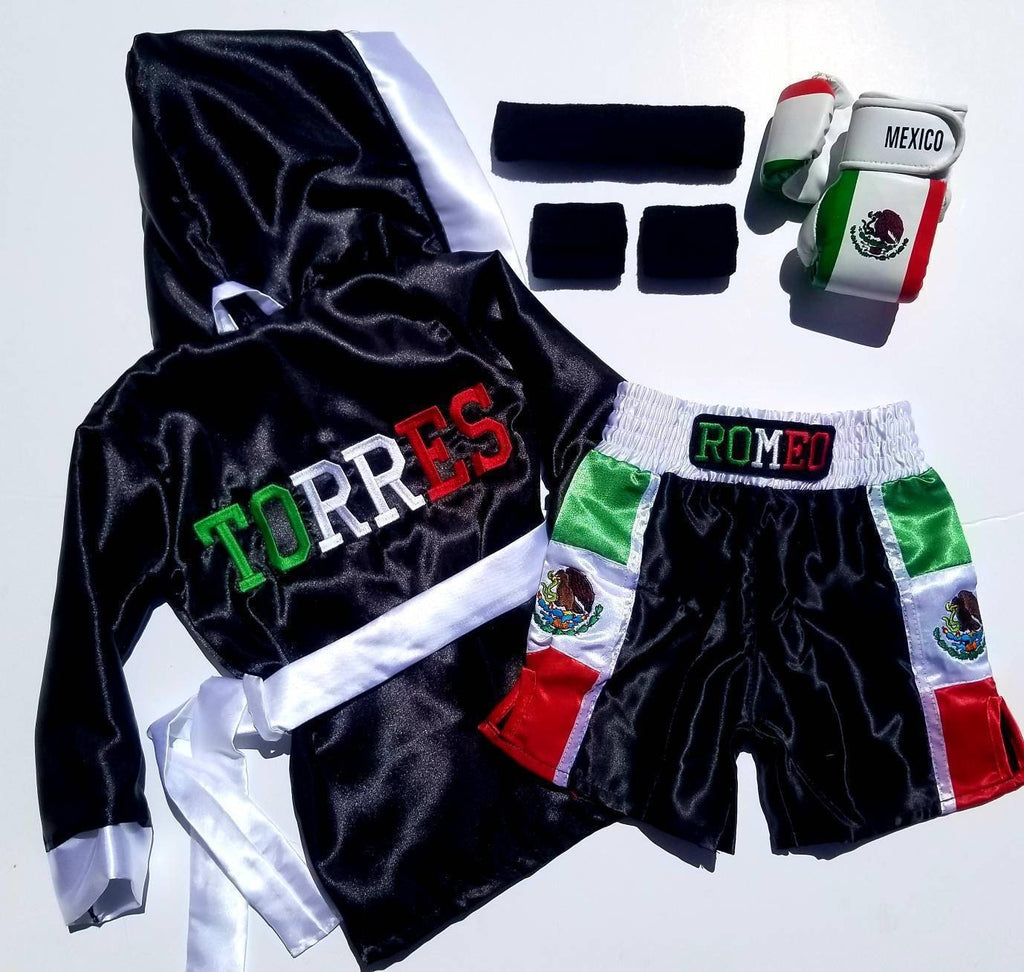 Baby Boxing Set: Mexican Pride - Personalized Robe, Shorts, and Wearable Gloves