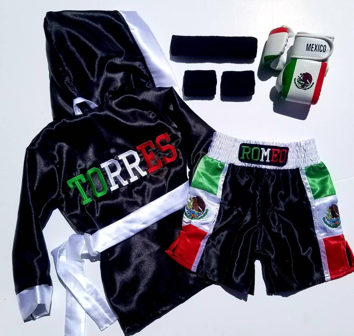 Baby Boxing Set: Mexican Pride - Personalized Robe, Shorts, and Wearable Gloves