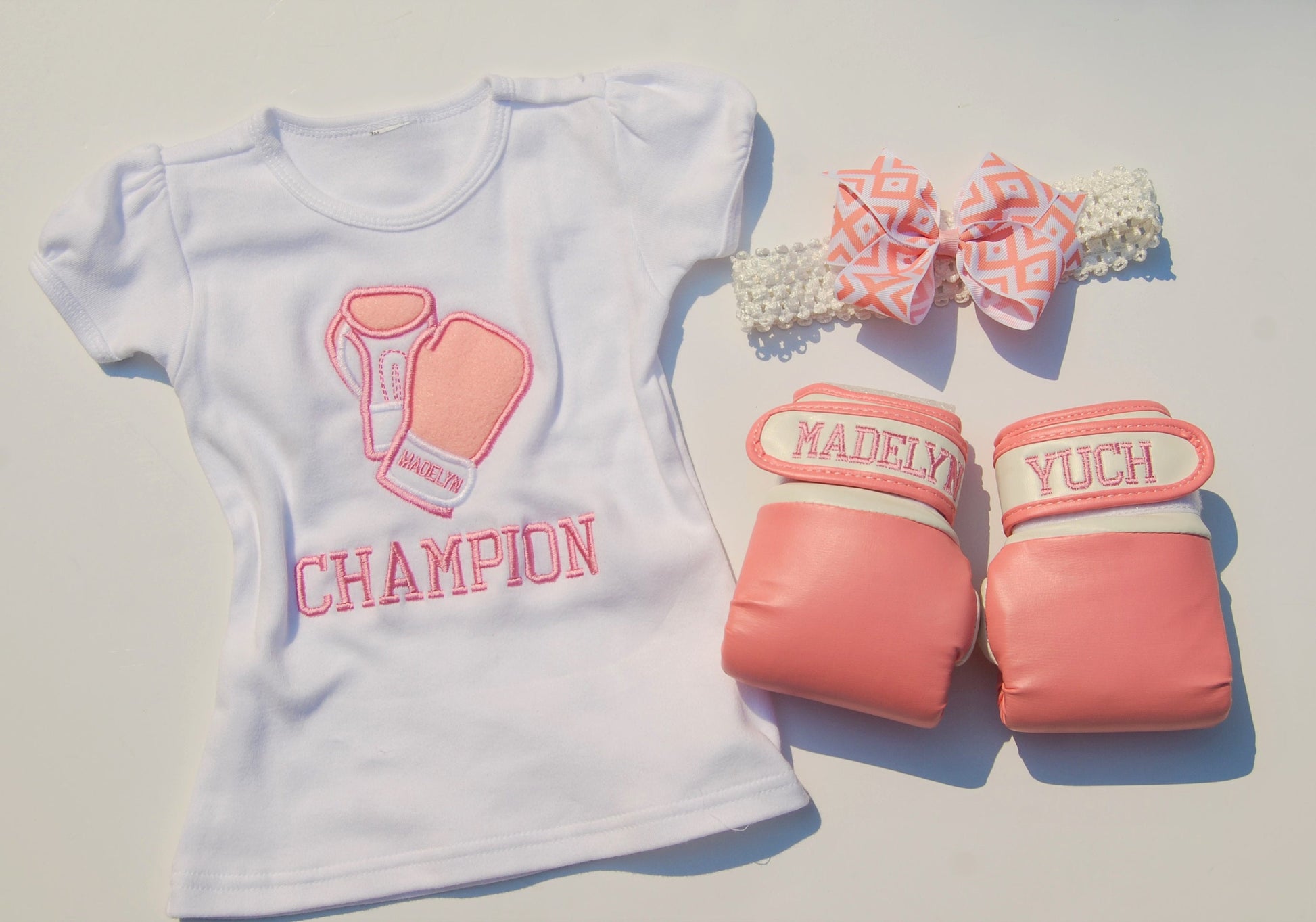 Adorable Baby Girl Boxing Set: Personalized Bodysuit, Gloves, and Headband