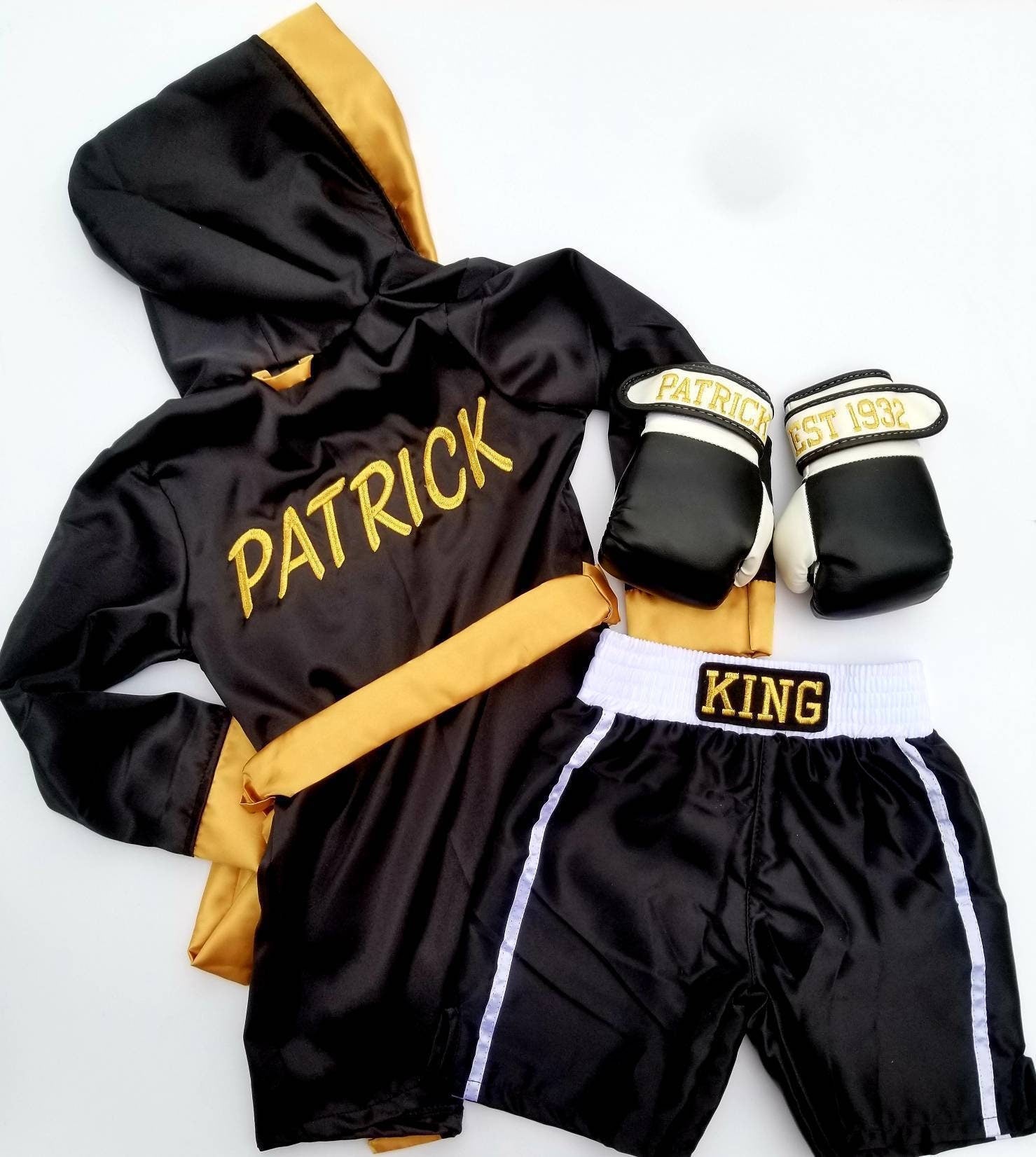 Baby Boxing Set with Personalized Robe, Shorts, Wearable Gloves – Perfect Halloween Kids Costume!