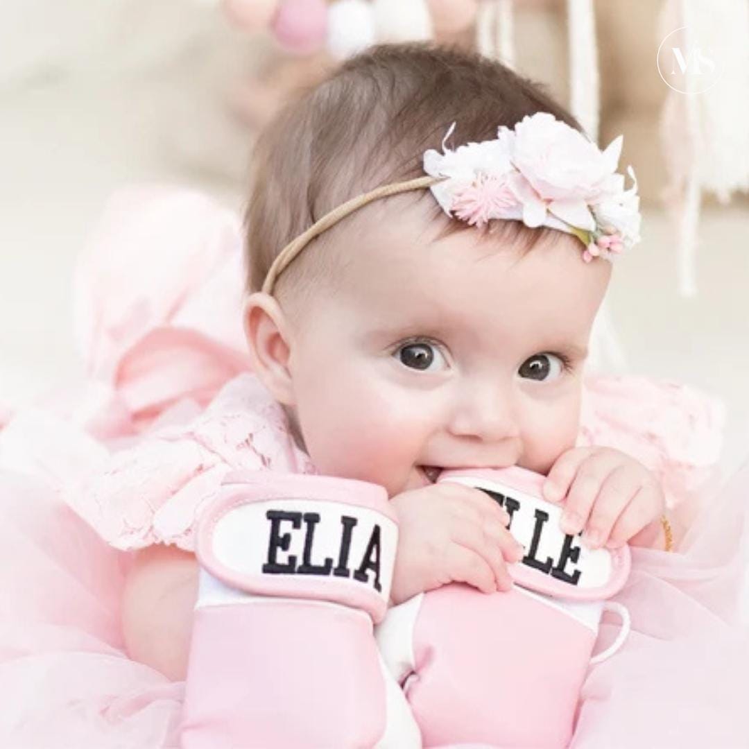 Baby Shower Gift for Girl – Custom Baby Boxing Gloves with Embroidered Name | Personalized Keepsake for Newborn Photos