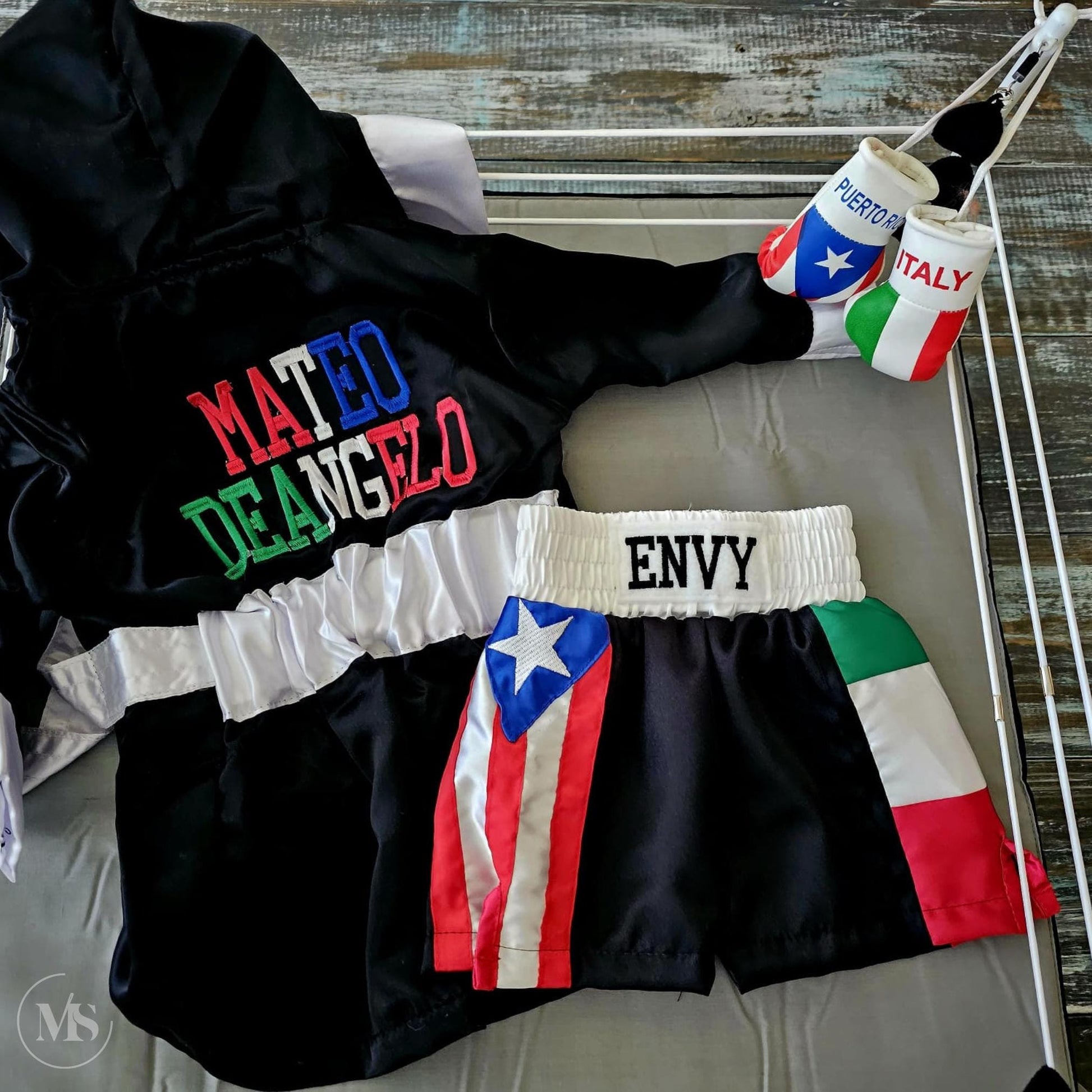 Baby Boxing Set - Personalized Mini Gloves and Shorts Flag Themed: Philippines and Mexico Inspired or any Duo Nationality Combination
