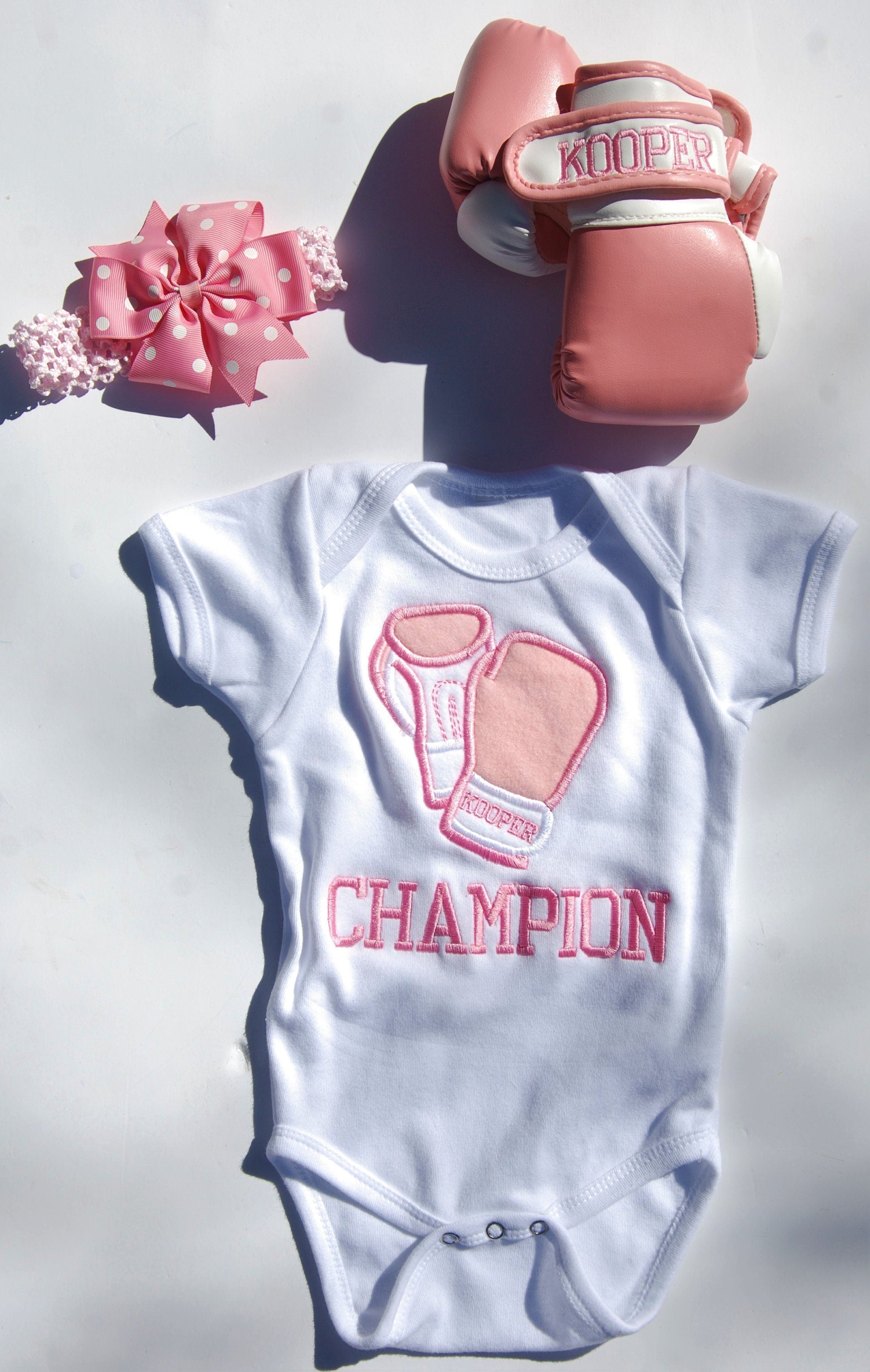 Adorable Baby Girl Boxing Set: Personalized Bodysuit, Gloves, and Headband