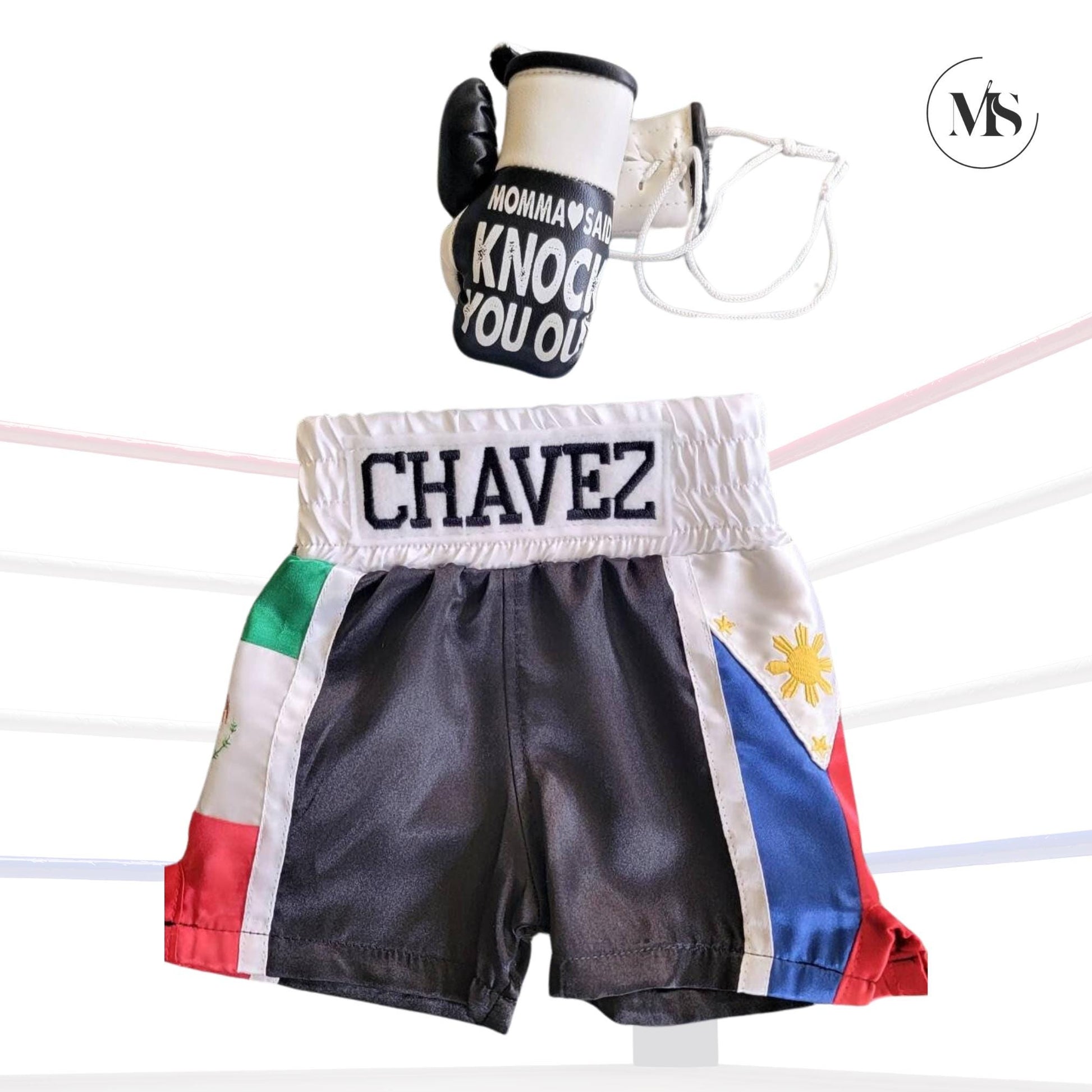 Baby Boxing Set - Personalized Mini Gloves and Shorts Flag Themed: Philippines and Mexico Inspired or any Duo Nationality Combination