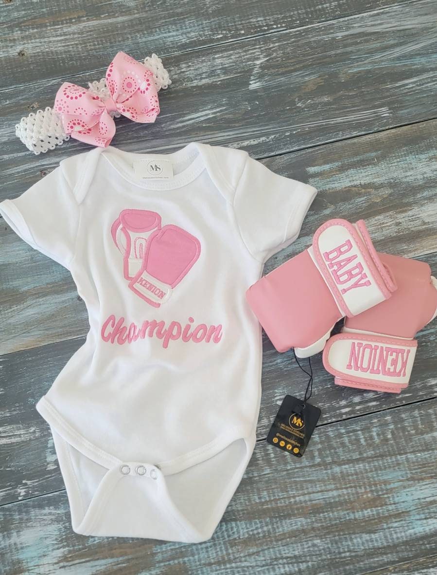 Adorable Baby Girl Boxing Set: Personalized Bodysuit, Gloves, and Headband