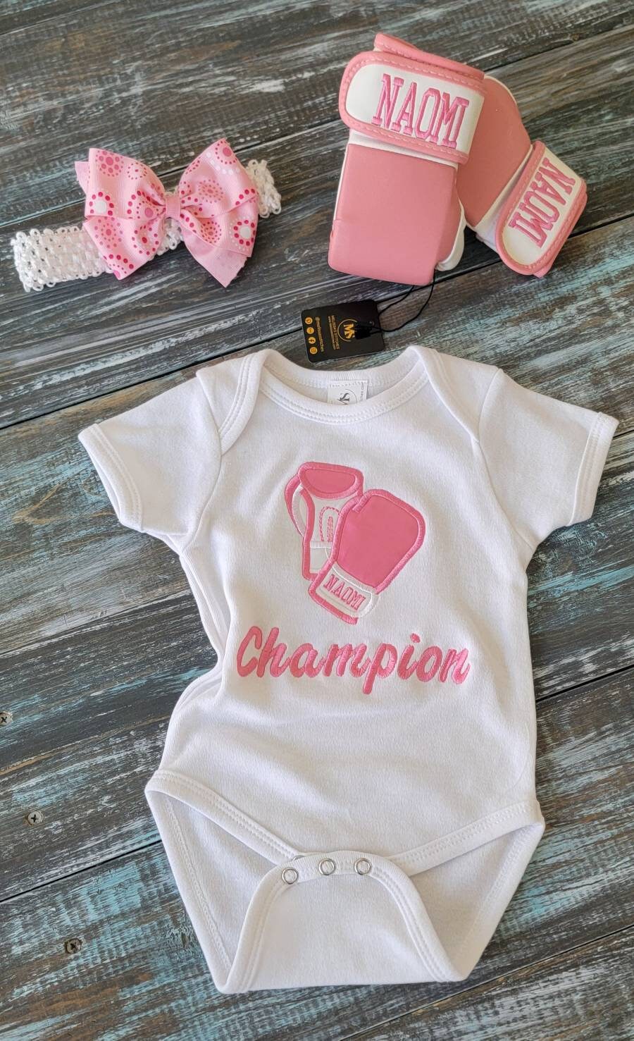 Baby Girl Boxing Set: Personalized Bodysuit, Gloves, and Headband