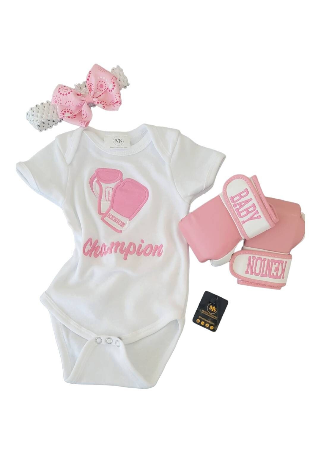 Adorable Baby Girl Boxing Set: Personalized Bodysuit, Gloves, and Headband