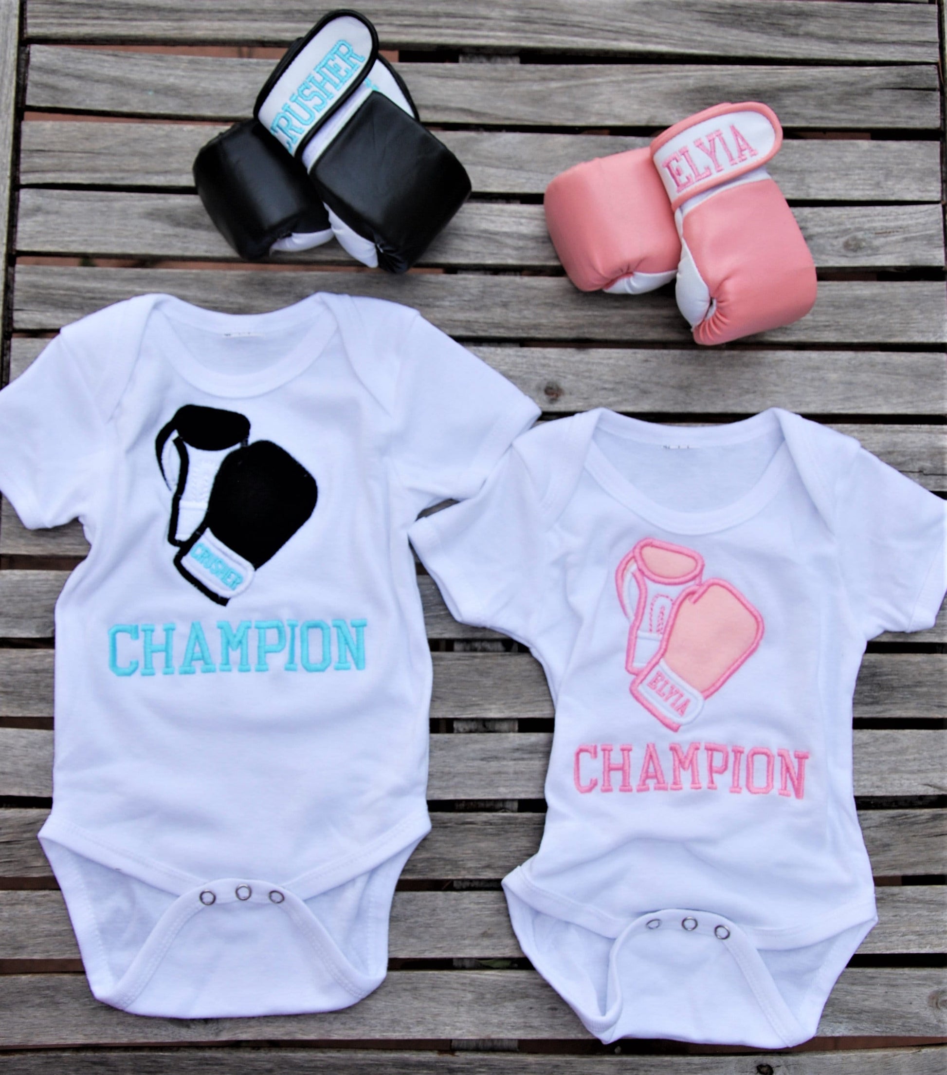 Double Trouble Champions: Twin Baby Boxing Set - Personalized Bodysuits & Gloves