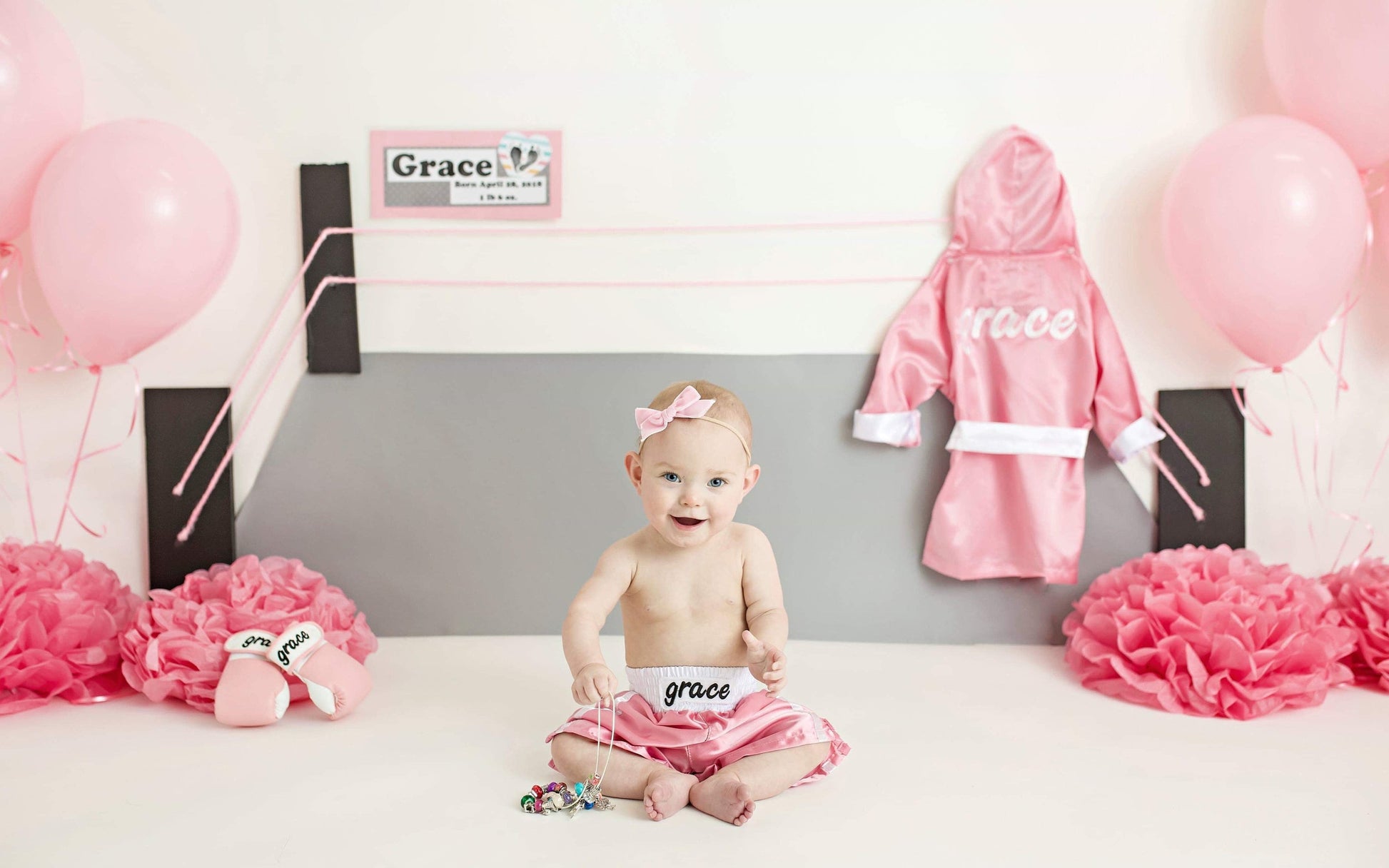Personalized Baby Girl's Pink Boxing Set: Robe, Shorts, and Gloves!