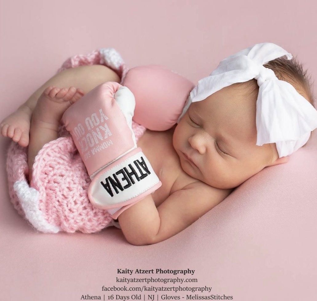 Baby announcement personalized wearable boxing gloves