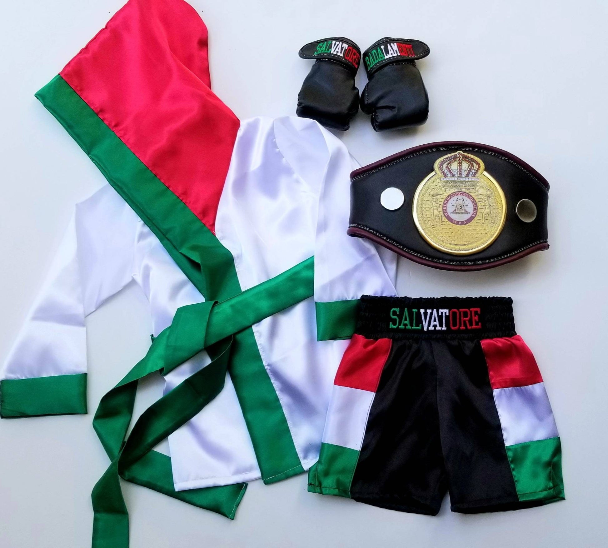 Flag-Themed Baby Boxing Set: Personalized Robe, Custom Shorts, and Wearable Gloves