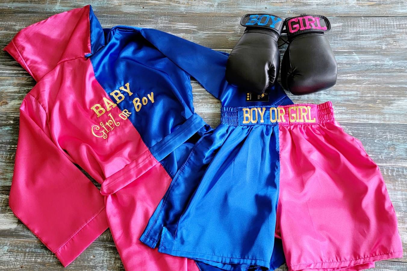 Gender Reveal Adult Boxing Set with Robe, Shorts, and Gloves (updated)