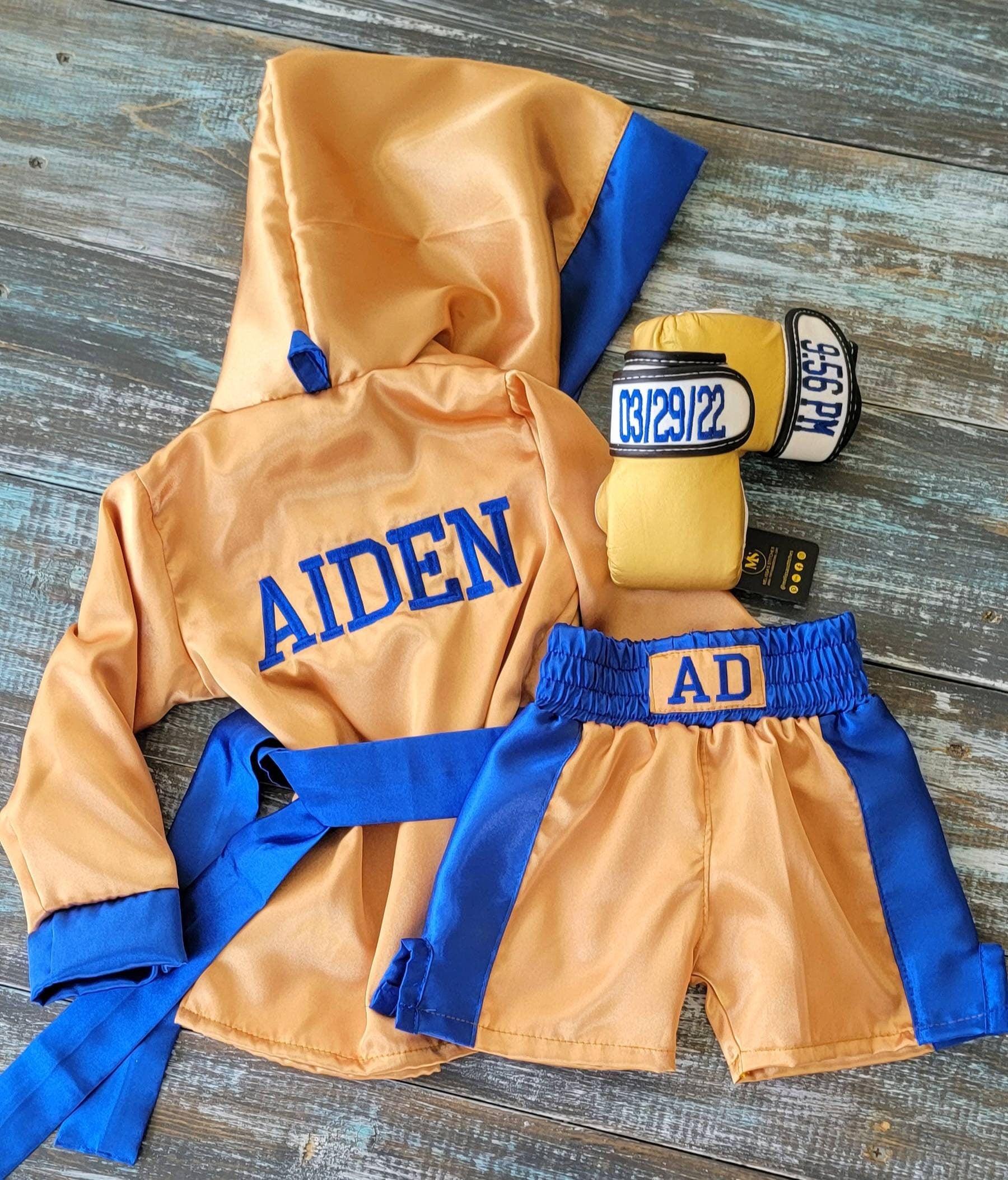 Customized Baby Boxing Set: Robe, Personalized Shorts, and Wearable Gloves