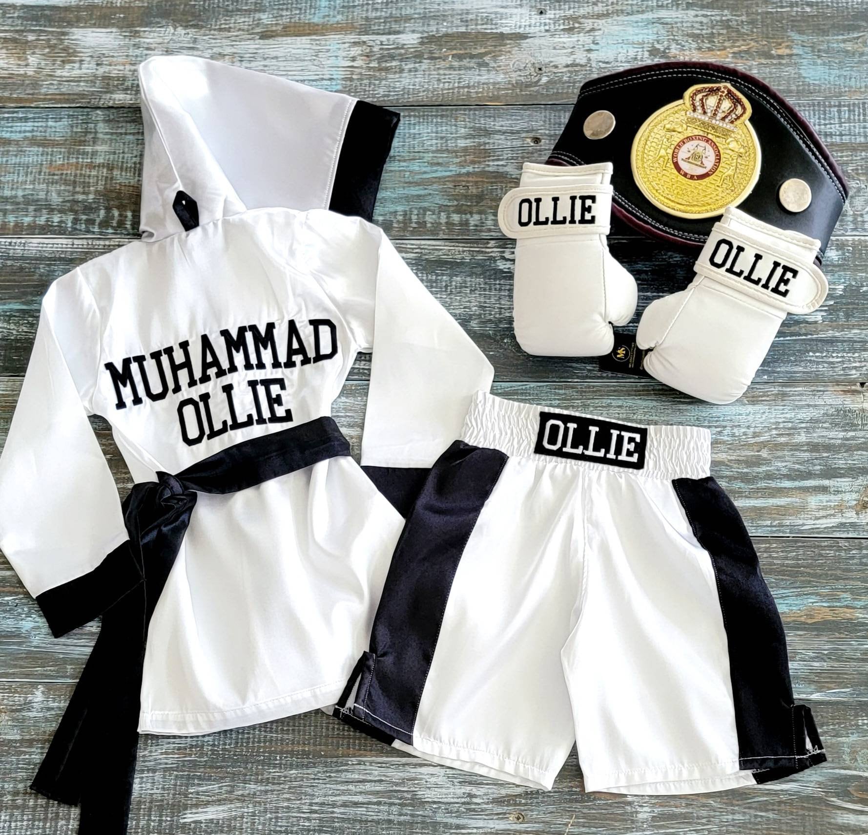 Baby Boxing Costume: Personalized Robe, Shorts, and Wearable Gloves