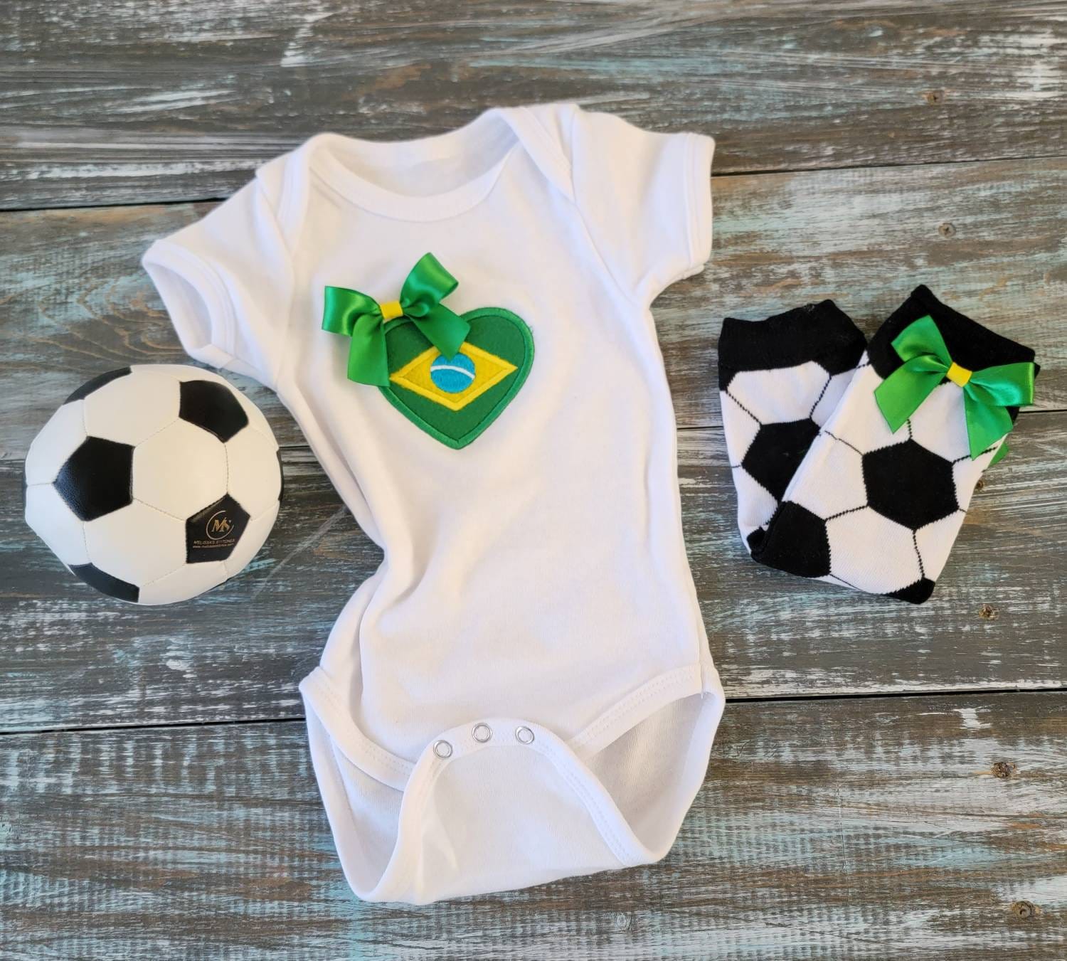 Brazilian flag baby Body suit set ( Body suit + leg warmers+soccer ball)