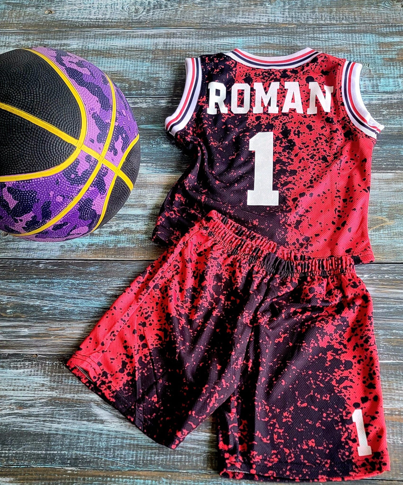 Special Order: Red & Black Personalized Baby Basketball Jersey and Shorts Set