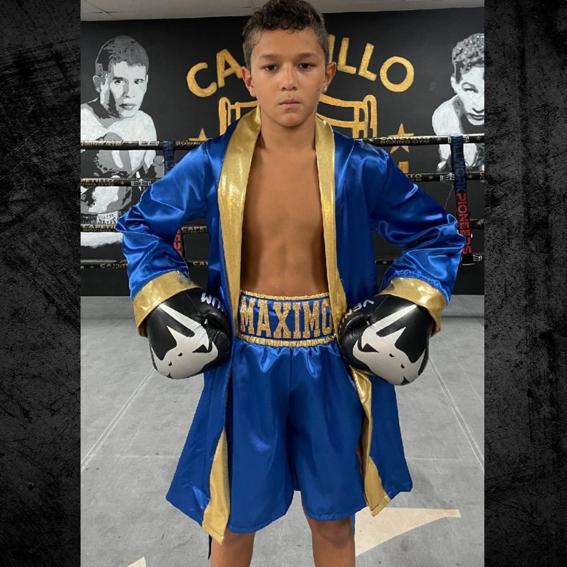 Youth Boxing Set: Customized Robe & Shorts with Metallic Vinyl Personalization
