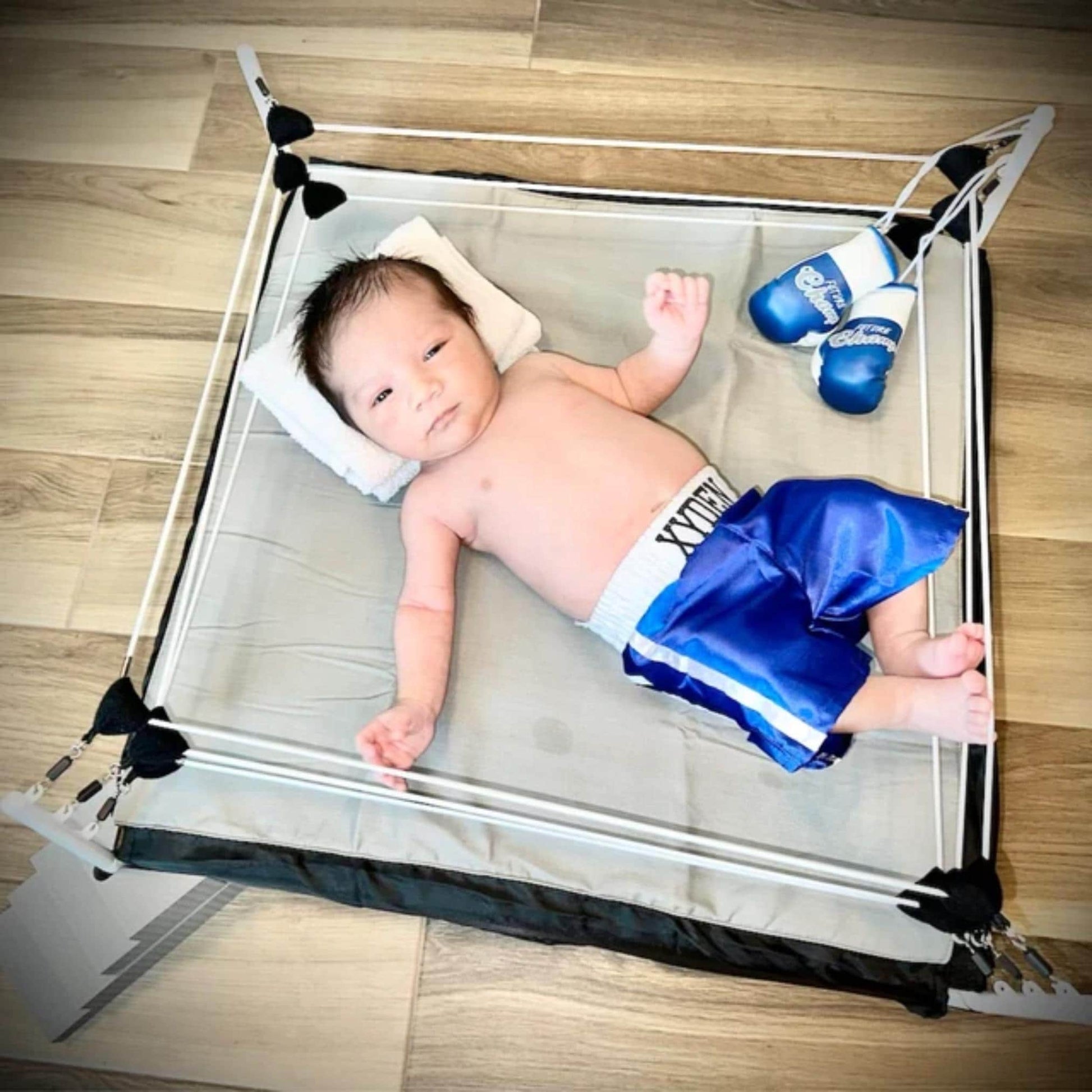 Newborn Knockout Complete Photoshoot Set : Robe + shorts + mini gloves and prop Boxing Ring for Little Champ