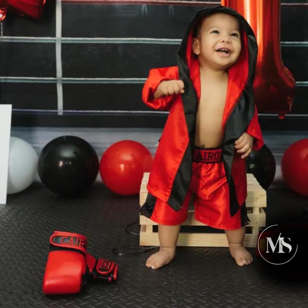 Custom Baby Boxing Set – Newborn, Birthday, Holiday & Photoshoot Outfit | Robe Shorts Gloves | Individual Pieces or Combo