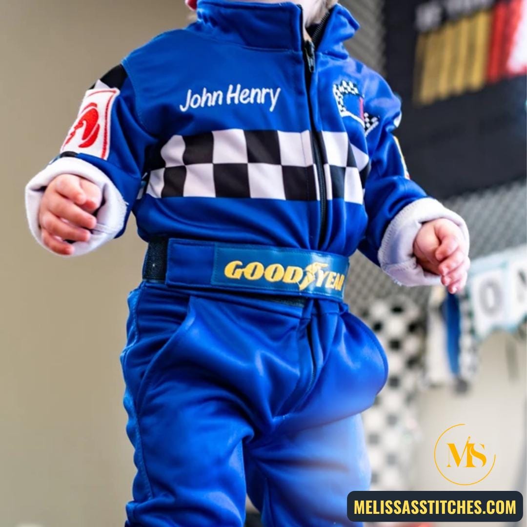 Kids Racing Suit Costume – Baby Driver Race Suit, Personalized Pilot Coveralls with Embroidered Name, Toddler Car Racer Outfit