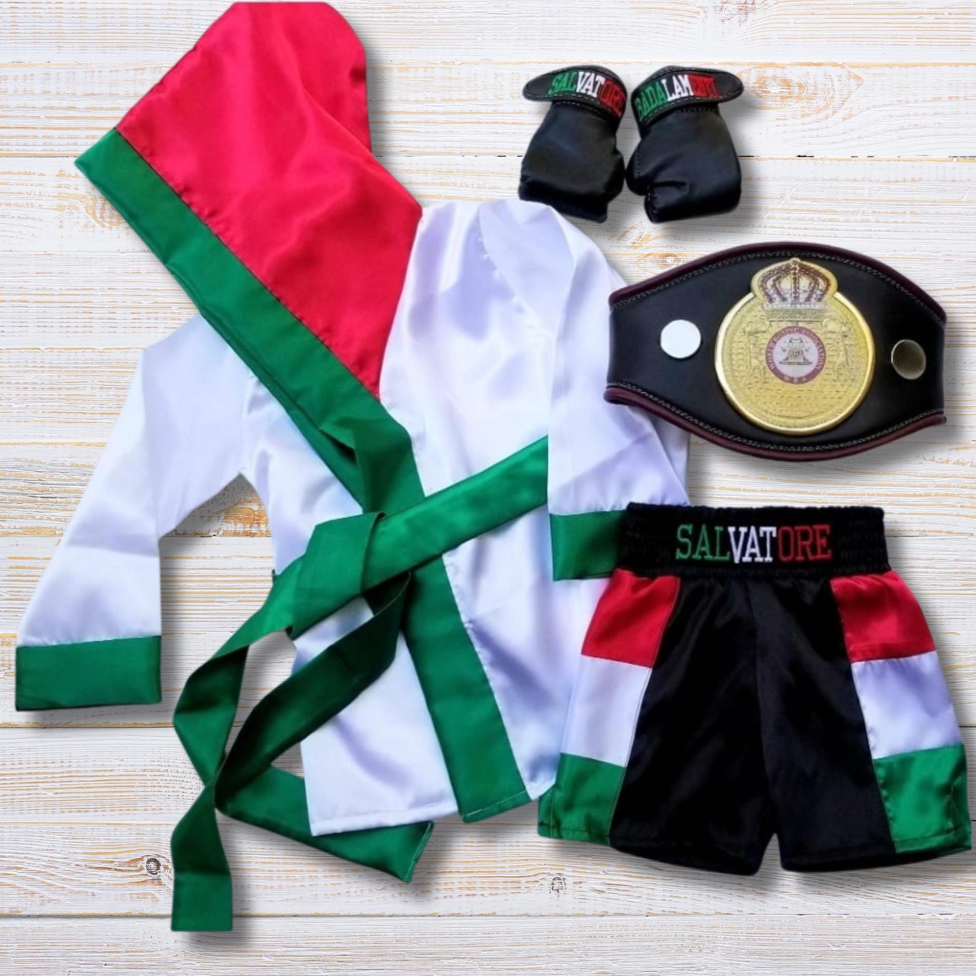 Kids Flag Boxing Set – Personalized Robe Shorts Gloves | Individual Pieces or Combo | Puerto Rico, Mexico, Italian, Ireland | Toddler Outfit