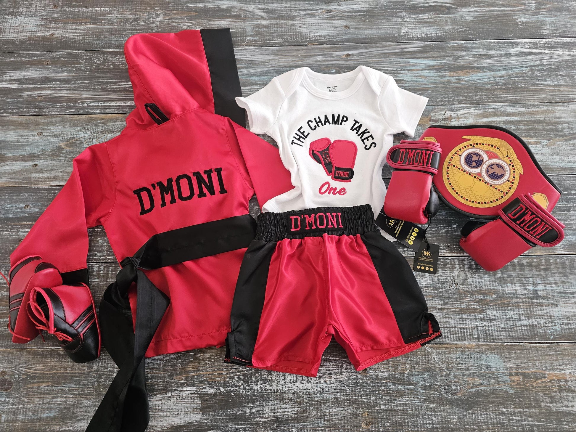 Personalized Complete Baby Boxing Set with Body Suit: Custom Boxing Outfit, Baby Robe Gloves Shorts Set Boxing Outfit for Baby Shower Gift